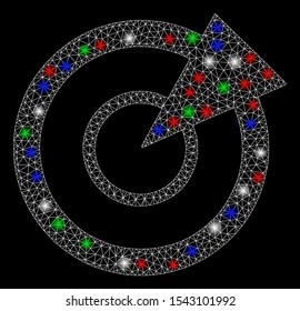 Bright mesh radar with glare effect. White wire frame polygonal mesh in vector format on a black background. Abstract 2d mesh designed with triangular lines, points, colorful glare spots.