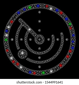 Bright mesh radar with glare effect. White wire frame triangular mesh in vector format on a black background. Abstract 2d mesh designed with triangular lines, small circle, colored light spots.