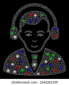 Bright mesh radio manager with lightspot effect. White wire carcass triangular mesh in vector format on a black background. Abstract 2d mesh created from triangular lines, round dots,