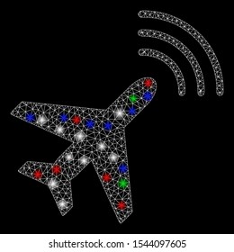Bright mesh radio monitoring airplane with glow effect. White wire frame triangular mesh in vector format on a black background. Abstract 2d mesh designed with triangular lines, round dots,