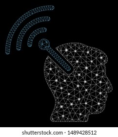 Bright mesh radio neural interface with sparkle effect. Abstract illuminated model of radio neural interface icon. Shiny wire carcass polygonal network radio neural interface.