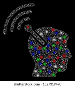 Bright mesh radio neural interface with glare effect. White wire carcass triangular mesh in vector format on a black background. Abstract 2d mesh built from triangular lines, dots,