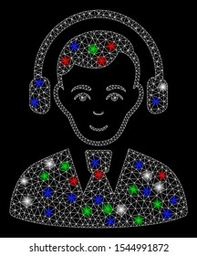 Bright mesh radio operator with lightspot effect. White wire frame triangular mesh in vector format on a black background. Abstract 2d mesh built from triangular lines, points, colored glare spots.