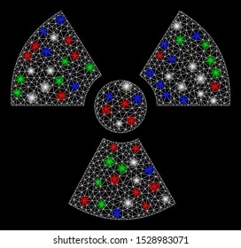 Bright mesh radioactivity with glare effect. White wire frame triangular mesh in vector format on a black background. Abstract 2d mesh built from triangular lines, round dots, colorful glare spots.