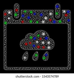Bright mesh rain cloud calendar day with glare effect. White wire frame polygonal mesh in vector format on a black background. Abstract 2d mesh designed with polygonal grid, dots, colored light spots.