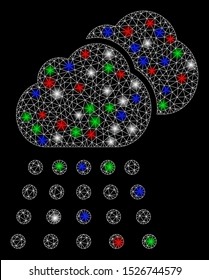 Bright mesh rain clouds with glare effect. White wire frame polygonal mesh in vector format on a black background. Abstract 2d mesh designed with polygonal grid, small circle, colorful glare spots.