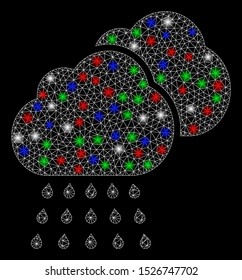 Bright mesh rain clouds with lightspot effect. White wire frame triangular mesh in vector format on a black background. Abstract 2d mesh designed with triangles, small circle, colored glare spots.