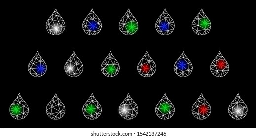 Bright mesh rain drops with glare effect. White wire frame triangular mesh in vector format on a black background. Abstract 2d mesh built from triangular lines, spheric points, colorful flare spots.