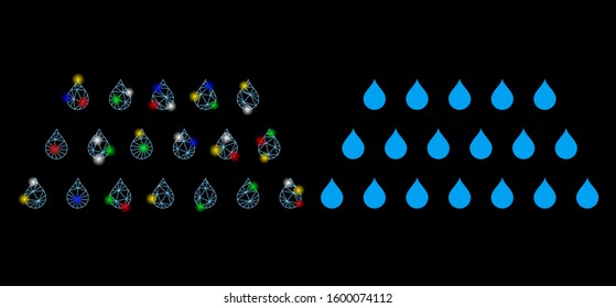 Bright mesh rain drops icon with glitter effect. Abstract illuminated model of rain drops. Shiny wire carcass polygonal mesh rain drops icon. Vector abstraction on a black background.