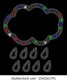 Bright mesh rain with glow effect. White wire frame polygonal mesh in vector format on a black background. Abstract 2d mesh designed with triangles, round dots, colorful flash spots.