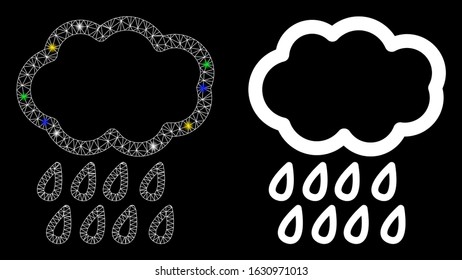 Bright mesh rain icon with lightspot effect. Abstract illuminated model of rain. Shiny wire frame polygonal mesh rain icon. Vector abstraction on a black background.