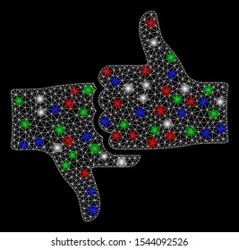 Bright mesh rate thumbs with lightspot effect. White wire frame triangular mesh in vector format on a black background. Abstract 2d mesh designed with triangular lines, points, colorful light spots.