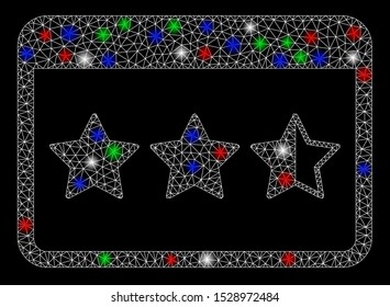 Bright mesh rating with glare effect. White wire frame triangular mesh in vector format on a black background. Abstract 2d mesh designed with triangles, round dots, colored glare spots.