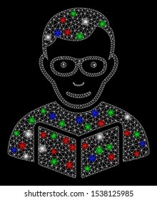 Bright mesh reader with glare effect. White wire frame triangular mesh in vector format on a black background. Abstract 2d mesh designed with triangular lines, spheric points, colored flare spots.