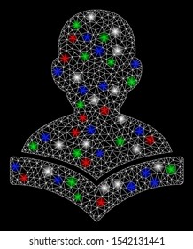 Bright mesh reader student with glare effect. White wire carcass triangular network in vector format on a black background. Abstract 2d mesh designed with triangular lines, spheric points,