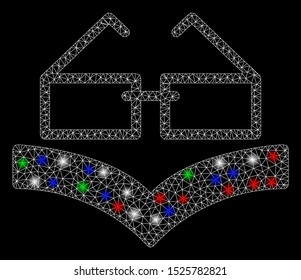 Bright mesh reading glasses with glare effect. White wire frame polygonal mesh in vector format on a black background. Abstract 2d mesh built from triangles, spheric points, colorful glare spots.