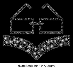 Bright mesh reading glasses with glow effect. Abstract illuminated model of reading glasses icon. Shiny wire carcass polygonal mesh reading glasses. Vector abstraction on a black background.