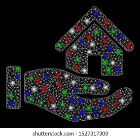 Bright mesh real estate offer hand with glow effect. White wire carcass triangular mesh in vector format on a black background. Abstract 2d mesh designed with triangular lines, points,