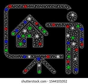 Bright mesh realtor presentation board with glow effect. White wire frame polygonal mesh in vector format on a black background. Abstract 2d mesh designed with polygonal grid, dots,