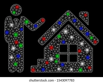 Bright mesh realty agent with glare effect. White wire carcass polygonal mesh in vector format on a black background. Abstract 2d mesh created from polygonal grid, round dots, colorful glare spots.