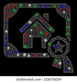 Bright mesh realty certification with glare effect. White wire frame triangular network in vector format on a black background. Abstract 2d mesh designed with triangles, dots, colorful glare spots.