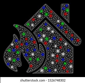 Bright mesh realty fire disaster with glow effect. White wire frame triangular mesh in vector format on a black background. Abstract 2d mesh designed with polygonal grid, spheric points,