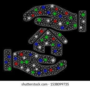 Bright mesh realty insurance hands with glow effect. White wire frame polygonal mesh in vector format on a black background. Abstract 2d mesh designed with polygonal grid, points, colored flash spots.