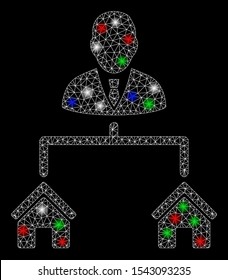 Bright mesh realty manager with glare effect. White wire carcass polygonal mesh in vector format on a black background. Abstract 2d mesh designed with polygonal grid, round dots, colored flare spots.