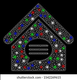 Bright mesh realty message with glow effect. White wire frame triangular mesh in vector format on a black background. Abstract 2d mesh designed with triangular lines, round dots, colorful flare spots.