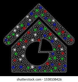 Bright mesh realty pie chart with glow effect. White wire frame polygonal mesh in vector format on a black background. Abstract 2d mesh designed with polygonal grid, spheric points,