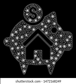 Bright mesh realty piggy bank with glare effect. Abstract illuminated model of realty piggy bank icon. Shiny wire carcass triangular mesh realty piggy bank. Vector abstraction on a black background.