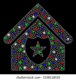 Bright mesh realty protection with glare effect. White wire frame triangular mesh in vector format on a black background. Abstract 2d mesh designed with polygonal grid, round dots,