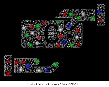 Bright mesh rebate with lightspot effect. White wire frame polygonal mesh in vector format on a black background. Abstract 2d mesh built from polygonal grid, points, colorful glare spots.