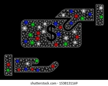 Bright mesh rebate with lightspot effect. White wire frame polygonal mesh in vector format on a black background. Abstract 2d mesh designed with triangles, points, colorful glare spots.