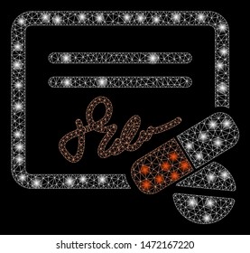 Bright mesh receipt with glow effect. Abstract illuminated model of receipt icon. Shiny wire frame polygonal mesh receipt. Vector abstraction on a black background.