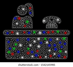 Bright mesh reception with glow effect. White wire frame polygonal mesh in vector format on a black background. Abstract 2d mesh designed with polygonal grid, small circle, colorful flare spots.
