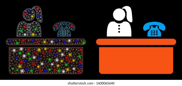 Bright mesh reception icon with glare effect. Abstract illuminated model of reception. Shiny wire carcass polygonal mesh reception icon. Vector abstraction on a black background.