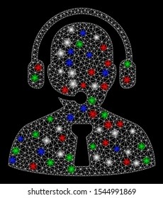 Bright mesh reception operator with lightspot effect. White wire carcass polygonal mesh in vector format on a black background. Abstract 2d mesh designed with triangles, round dots,