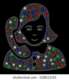 Bright mesh receptionist with glare effect. White wire carcass polygonal mesh in vector format on a black background. Abstract 2d mesh created from polygonal grid, round dots, colorful glare spots.