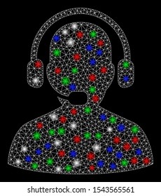 Bright mesh receptionist with lightspot effect. White wire frame polygonal mesh in vector format on a black background. Abstract 2d mesh designed with triangular lines, spheric points,