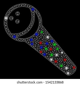 Bright mesh recording microphone with glow effect. White wire carcass triangular mesh in vector format on a black background. Abstract 2d mesh designed with polygonal grid, round dots,