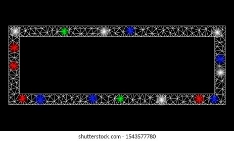 Bright mesh rectangle frame with glow effect. White wire carcass triangular network in vector format on a black background. Abstract 2d mesh designed with triangular lines, small circle,