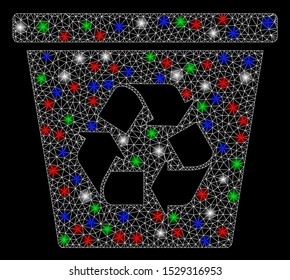 Bright mesh recycle bin with glow effect. White wire carcass triangular mesh in vector format on a black background. Abstract 2d mesh designed with triangular lines, dots, colored light spots.
