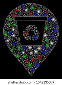 Bright mesh recycle bin marker with glare effect. White wire carcass triangular mesh in vector format on a black background. Abstract 2d mesh designed with triangular lines, small circle,