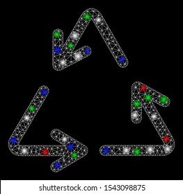 Bright mesh recycle with glare effect. White wire frame polygonal mesh in vector format on a black background. Abstract 2d mesh designed with polygonal grid, round dots, colored flare spots.