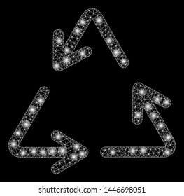 Bright mesh recycle with glow effect. Abstract illuminated model of recycle icon. Shiny wire carcass polygonal mesh recycle abstraction in vector format on a black background.