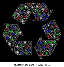 Bright mesh recycle with lightspot effect. White wire frame triangular mesh in vector format on a black background. Abstract 2d mesh designed with polygonal grid, small circle, colorful light spots.
