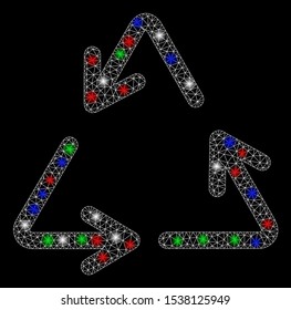 Bright mesh recycle with lightspot effect. White wire carcass triangular mesh in vector format on a black background. Abstract 2d mesh designed with triangular lines, points, colorful flash spots.
