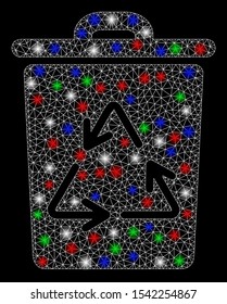 Bright mesh recycling bin with lightspot effect. White wire frame polygonal network in vector format on a black background. Abstract 2d mesh designed with polygonal grid, round dots,