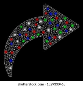 Bright mesh redo with glare effect. White wire carcass polygonal mesh in vector format on a black background. Abstract 2d mesh built from triangular lines, round dots, colored glare spots.